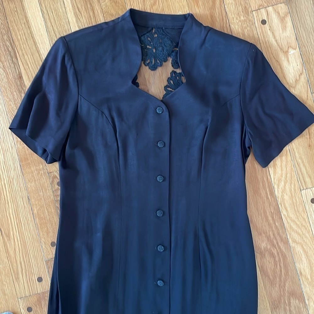 Vtg Melissa Collection Long Black Short Sleeve Button Dress Mesh Lace Back 10